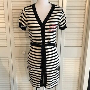 Sebago Black White Striped Belted Dress Button Up 100% Cotton Knit NWT Size L